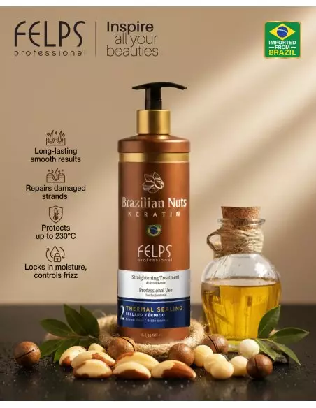 Felps Brazilian Nuts Braziliaanse keratineset 2 x 1L – Volumevermindering, glad, glanzend en anti-frizz haar voor kappers